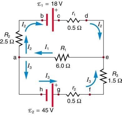 <b>Figure 21.53</b> A circuit with EMF's and resistors.