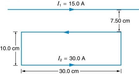 <b>Figure 22.57</b> A current carrying wire above a current carrying rectangle.