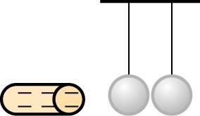 <b>Figure 18.61</b> A charged rod and two hanging metal balls.