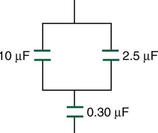 <b>Figure 19.32</b> A combination of series and parallel connections of capacitors.