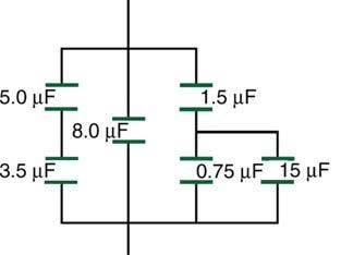 <b>Figure 19.41</b> A combination of series and parallel connections of capacitors.