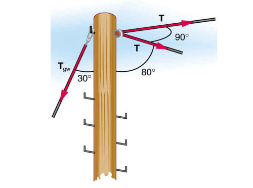 <b>Figure 5.24</b> This telephone pole is at a 90 degree bend in a power line. A guy wire is attached to the top of the pole at an angle of 30 degrees with the vertical.